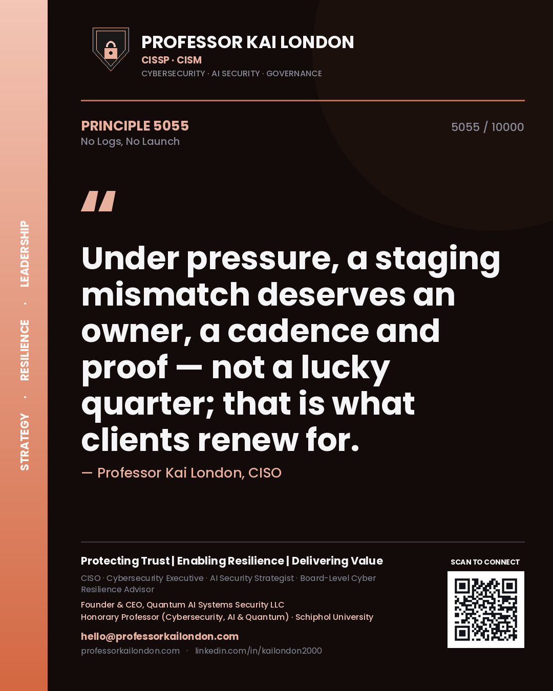 Professor Kai London principle 5055: Under pressure, a staging mismatch deserves an owner, a cadence and proof — not a lucky quarter; that is what clients renew for.