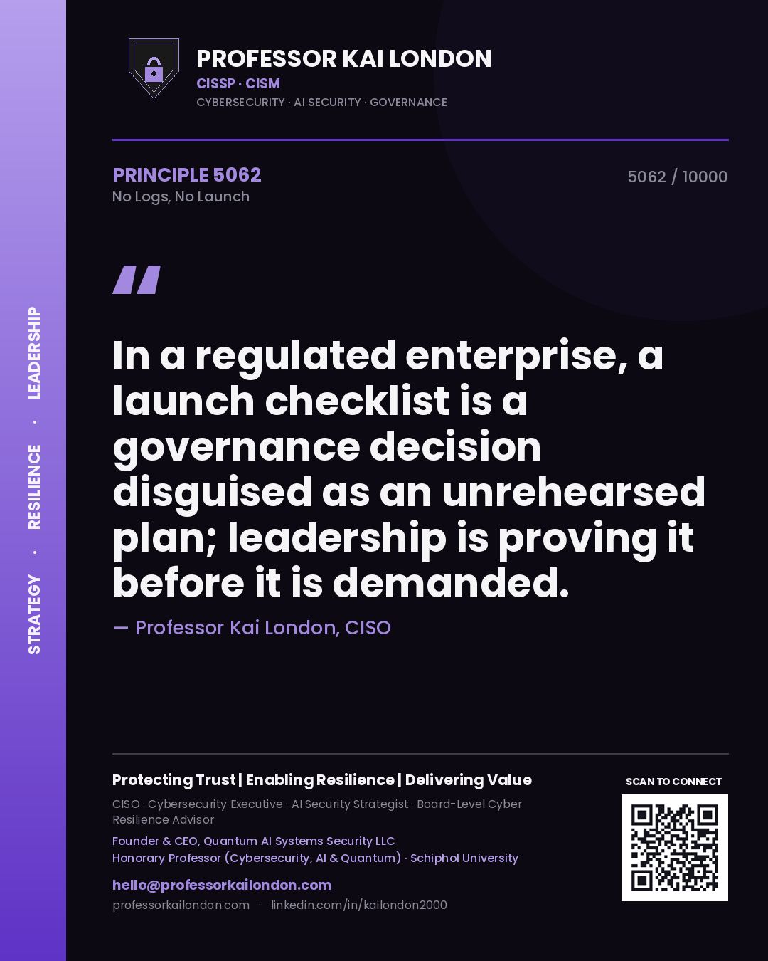 Professor Kai London principle 5062: In a regulated enterprise, a launch checklist is a governance decision disguised as an unrehearsed plan; leadership is proving it before it is demanded.