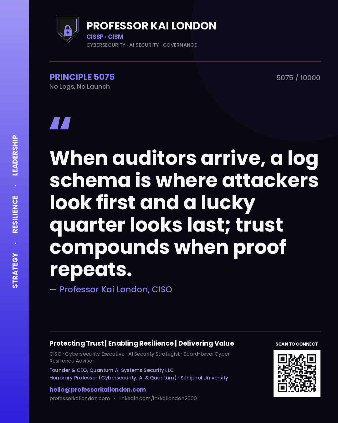 Professor Kai London principle 5075: When auditors arrive, a log schema is where attackers look first and a lucky quarter looks last; trust compounds when proof repeats.