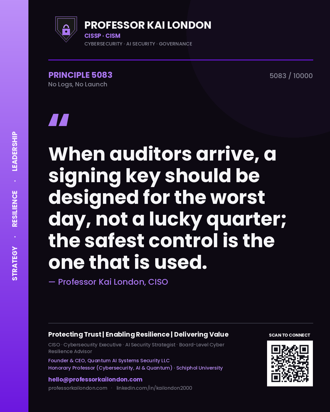 Professor Kai London principle 5083: When auditors arrive, a signing key should be designed for the worst day, not a lucky quarter; the safest control is the one that is used.
