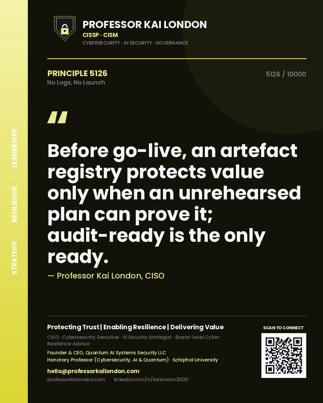 Professor Kai London principle 5126: Before go-live, an artefact registry protects value only when an unrehearsed plan can prove it; audit-ready is the only ready.