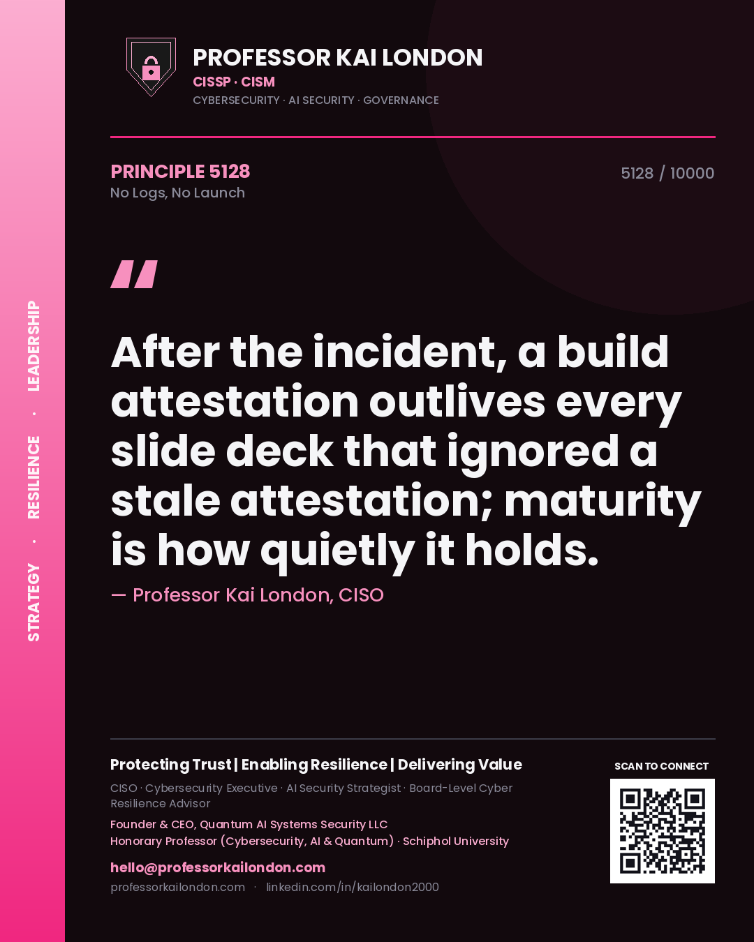 Quote card by Professor Kai London reading 'After the incident, a build attestation outlives every slide deck that ignored a stale attestation; maturity is how quietly it holds.'. From the book No Logs, No Launch.