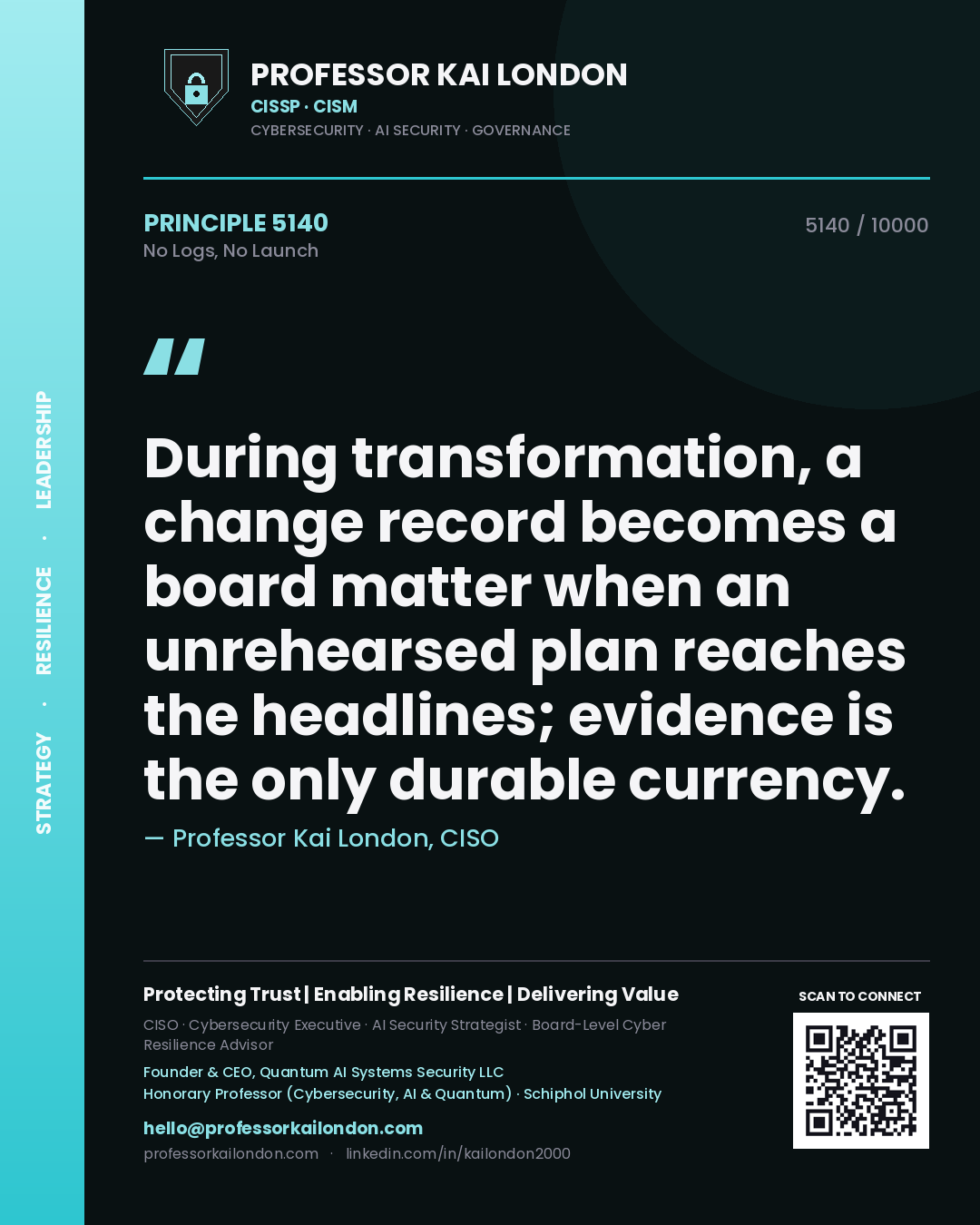 Professor Kai London principle 5140: During transformation, a change record becomes a board matter when an unrehearsed plan reaches the headlines; evidence is the only durable currency.