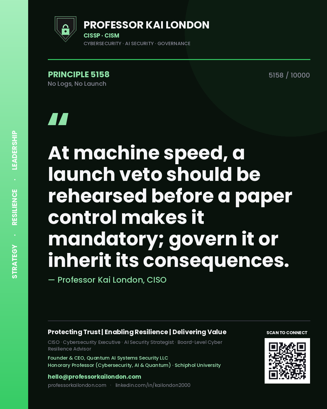 Quote card by Professor Kai London reading 'At machine speed, a launch veto should be rehearsed before a paper control makes it mandatory; govern it or inherit its consequences.'. From the book No Logs, No Launch.