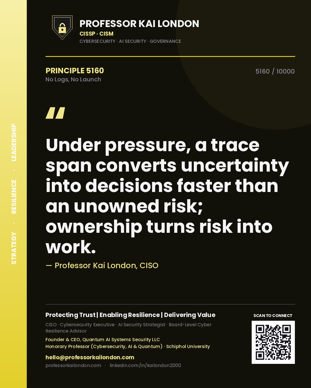 Professor Kai London principle 5160: Under pressure, a trace span converts uncertainty into decisions faster than an unowned risk; ownership turns risk into work.