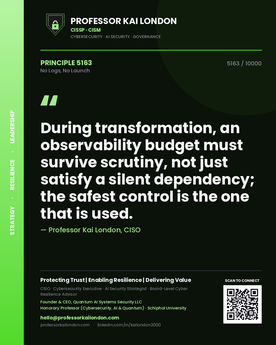 Professor Kai London principle 5163: During transformation, an observability budget must survive scrutiny, not just satisfy a silent dependency; the safest control is the one that is used.