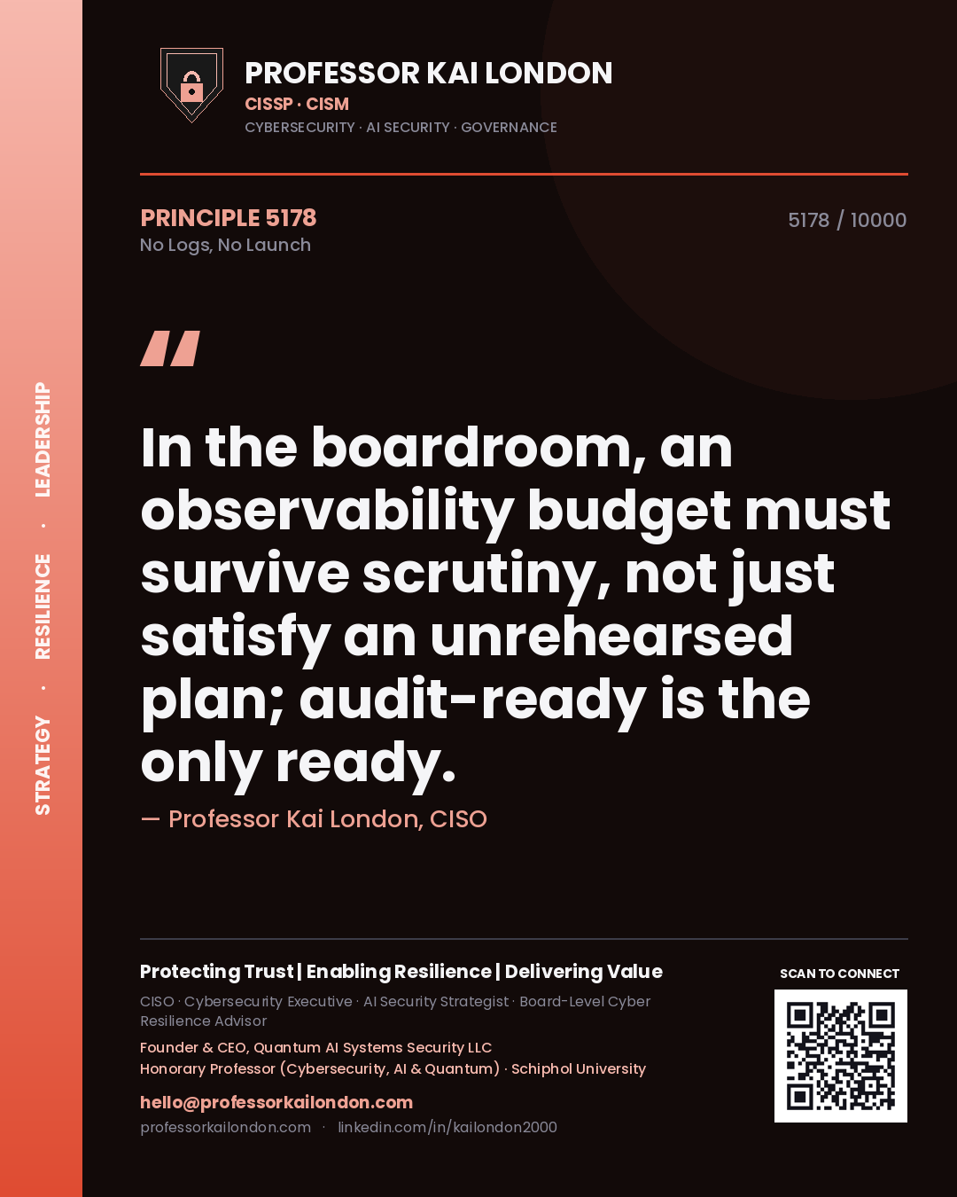 Quote card by Professor Kai London reading 'In the boardroom, an observability budget must survive scrutiny, not just satisfy an unrehearsed plan; audit-ready is the only ready.'. From the book No Logs, No Launch.