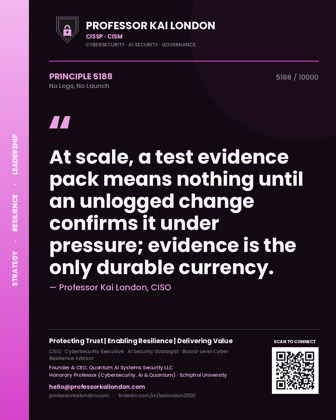 Professor Kai London principle 5188: At scale, a test evidence pack means nothing until an unlogged change confirms it under pressure; evidence is the only durable currency.