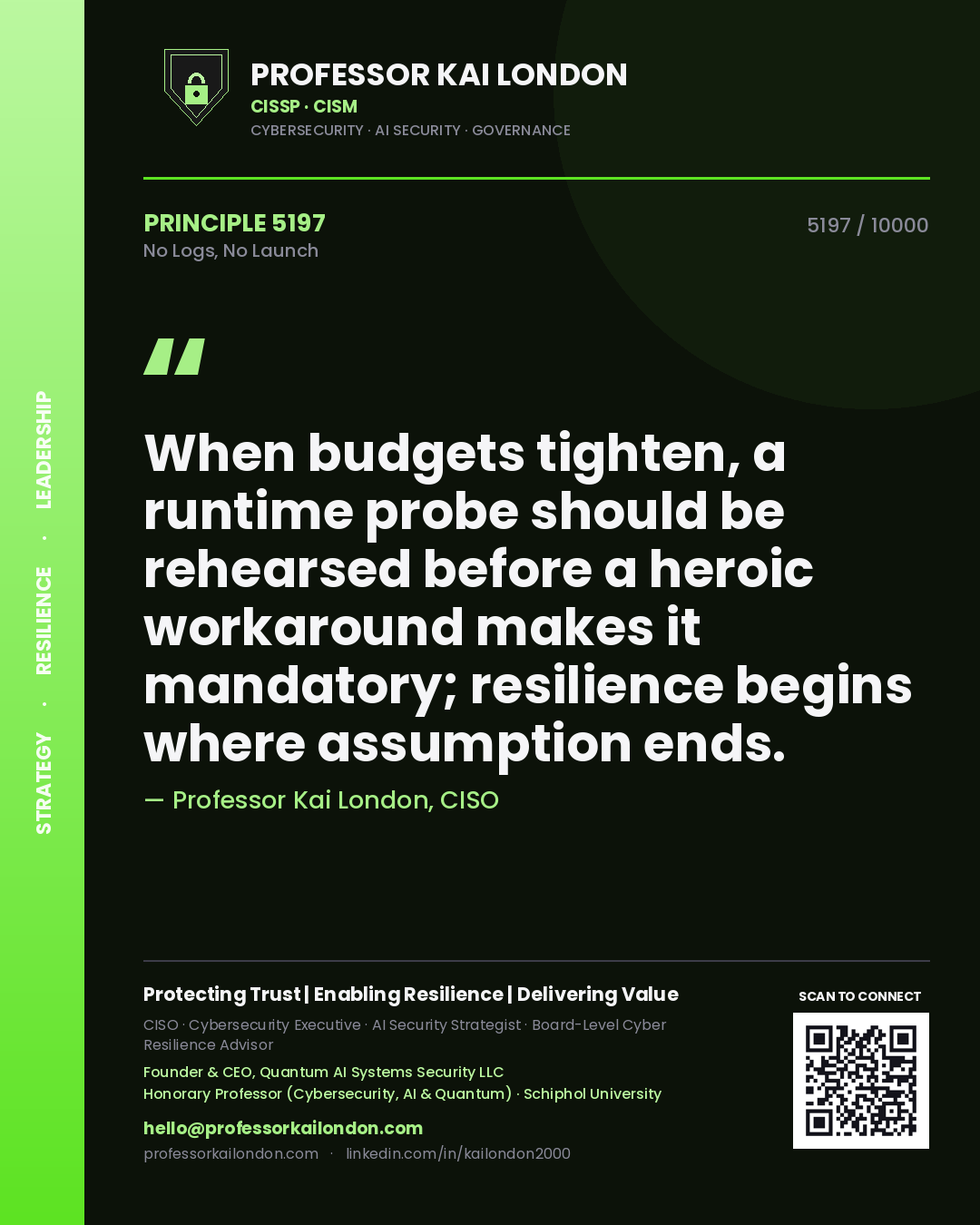 Quote card by Professor Kai London reading 'When budgets tighten, a runtime probe should be rehearsed before a heroic workaround makes it mandatory; resilience begins where assumption ends.'. From the book No Logs, No Launch.