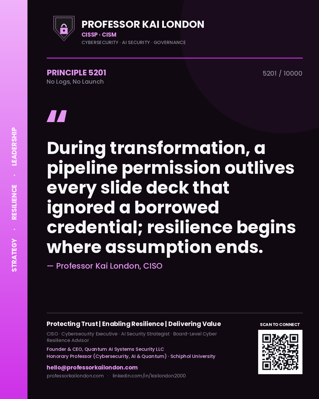 Professor Kai London principle 5201: During transformation, a pipeline permission outlives every slide deck that ignored a borrowed credential; resilience begins where assumption ends.