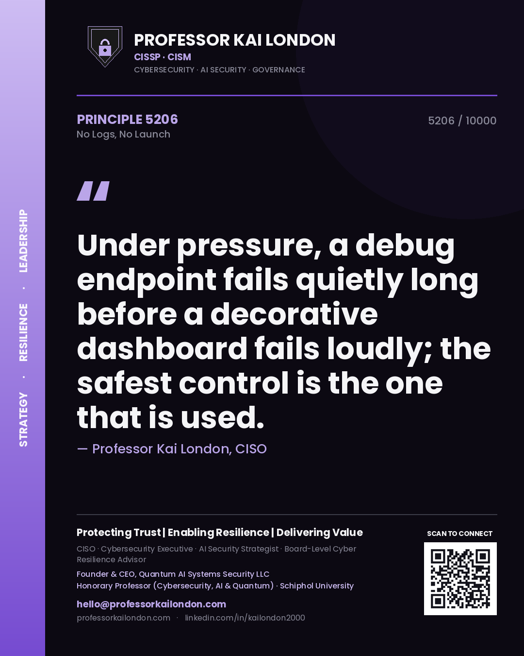 Professor Kai London principle 5206: Under pressure, a debug endpoint fails quietly long before a decorative dashboard fails loudly; the safest control is the one that is used.