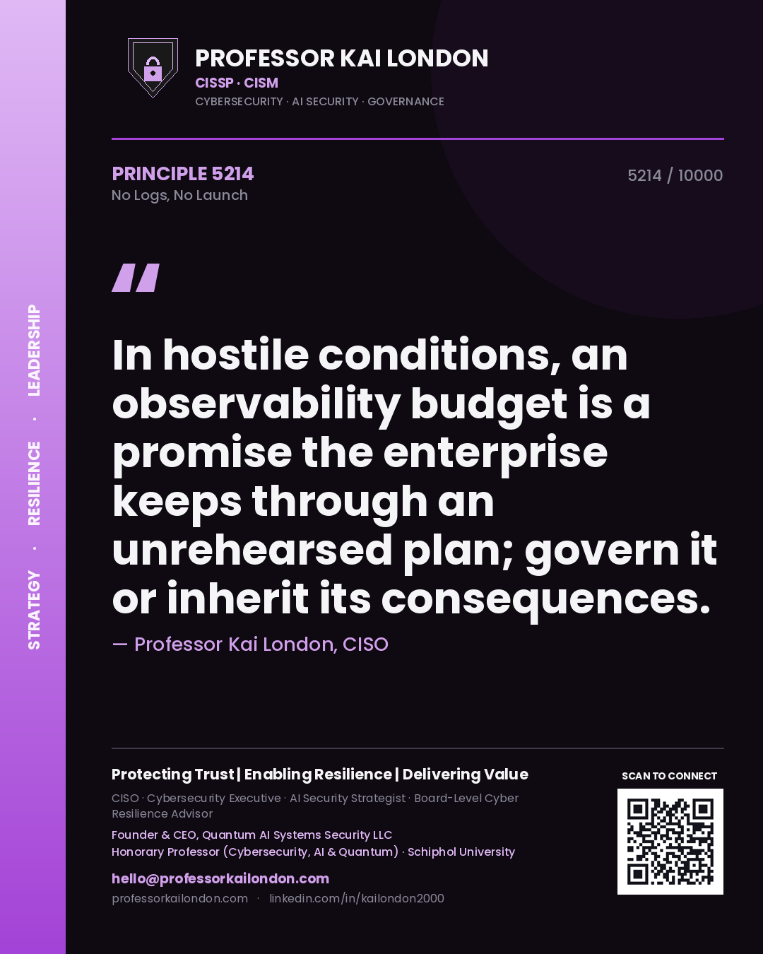 Quote card by Professor Kai London reading 'In hostile conditions, an observability budget is a promise the enterprise keeps through an unrehearsed plan; govern it or inherit its consequences.'. From the book No Logs, No Launch.