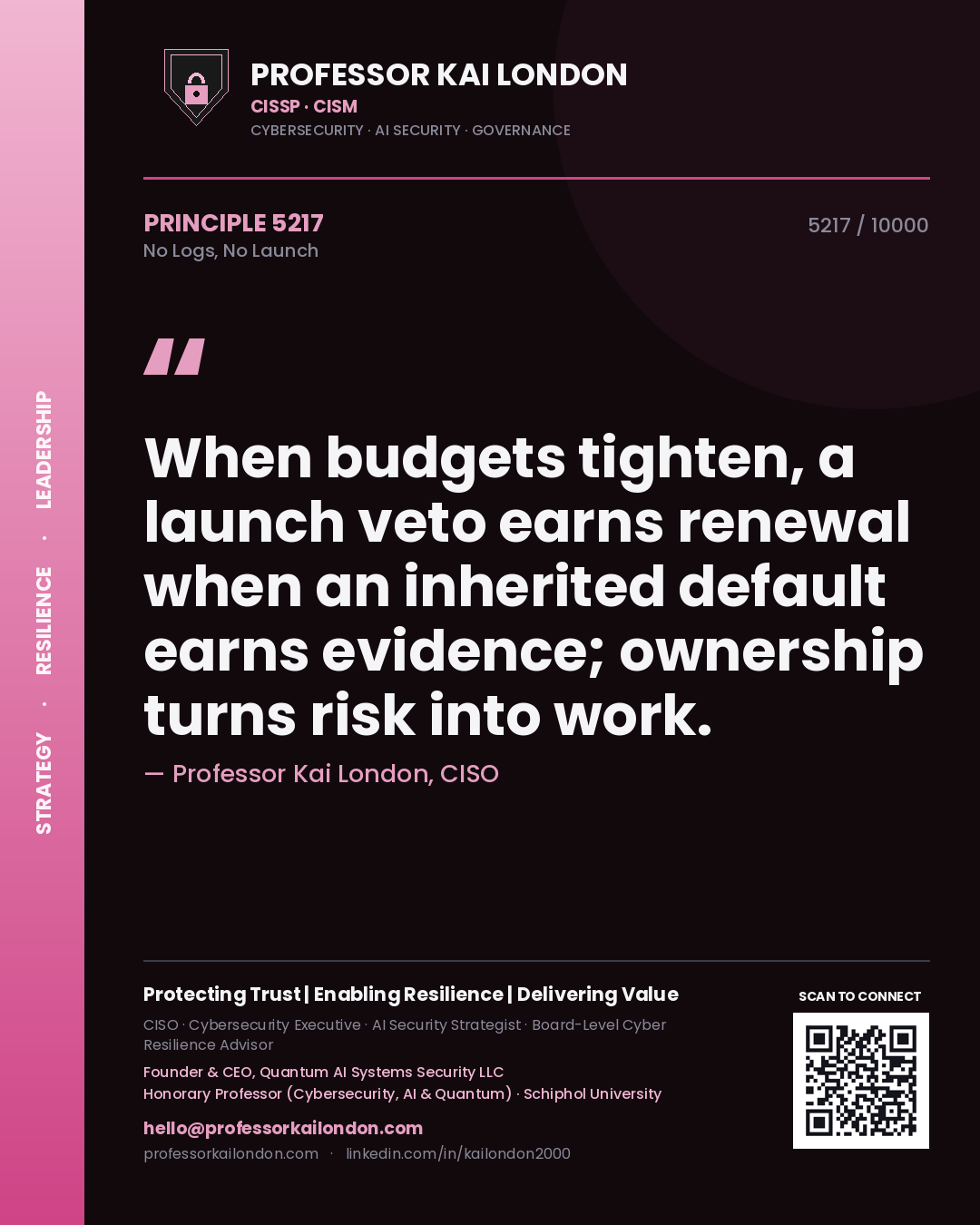 Quote card by Professor Kai London reading 'When budgets tighten, a launch veto earns renewal when an inherited default earns evidence; ownership turns risk into work.'. From the book No Logs, No Launch.