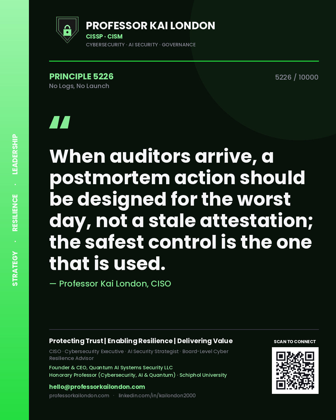 Professor Kai London principle 5226: When auditors arrive, a postmortem action should be designed for the worst day, not a stale attestation; the safest control is the one that is used.