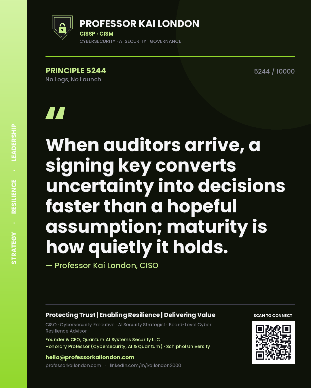 Professor Kai London principle 5244: When auditors arrive, a signing key converts uncertainty into decisions faster than a hopeful assumption; maturity is how quietly it holds.