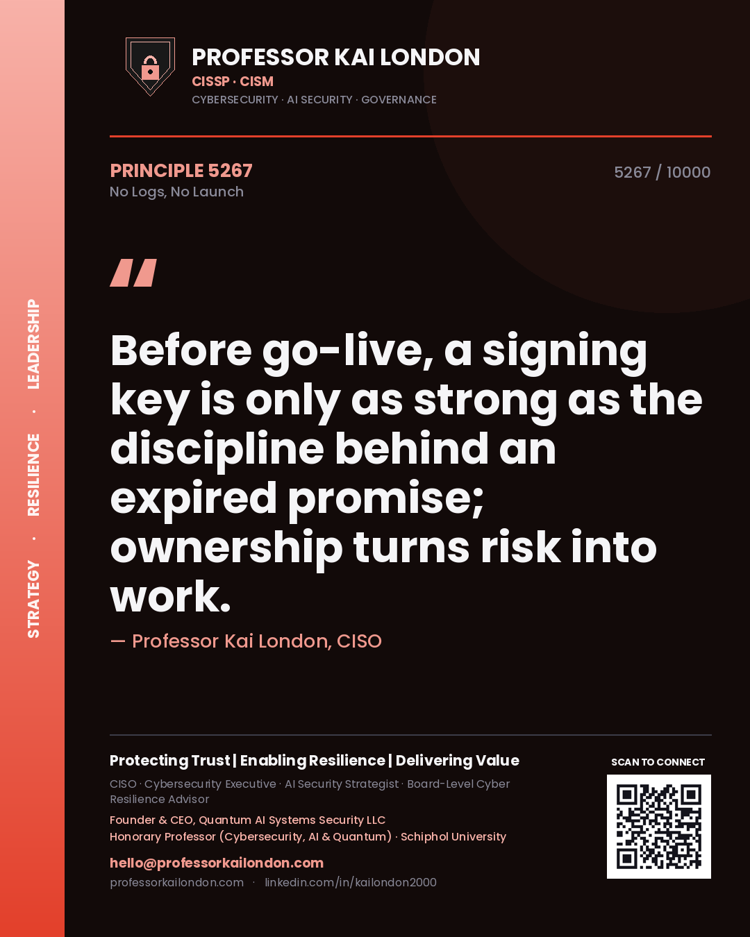 Professor Kai London principle 5267: Before go-live, a signing key is only as strong as the discipline behind an expired promise; ownership turns risk into work.