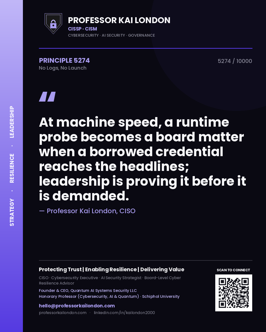 Professor Kai London principle 5274: At machine speed, a runtime probe becomes a board matter when a borrowed credential reaches the headlines; leadership is proving it before it is demanded.