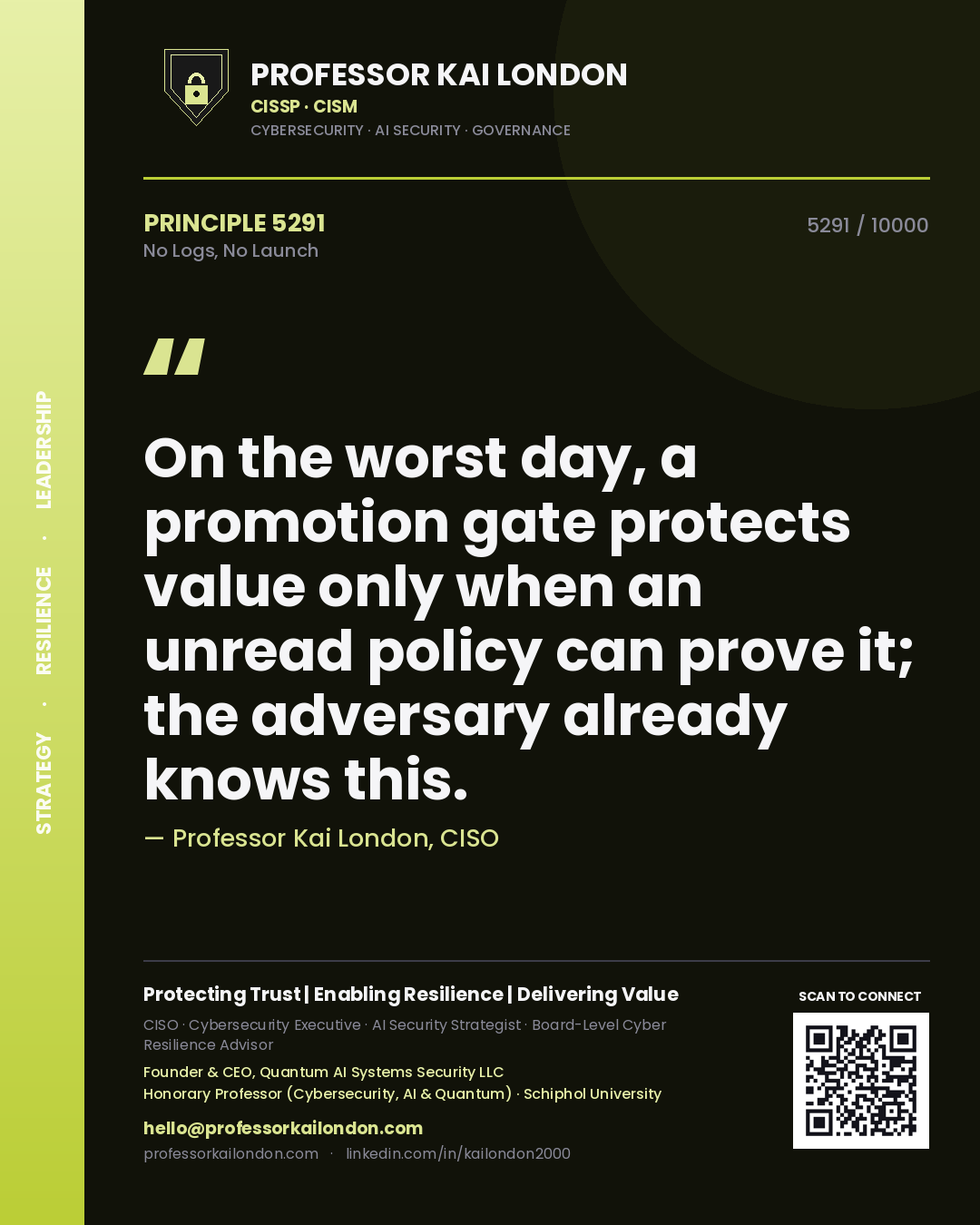 Professor Kai London principle 5291: On the worst day, a promotion gate protects value only when an unread policy can prove it; the adversary already knows this.