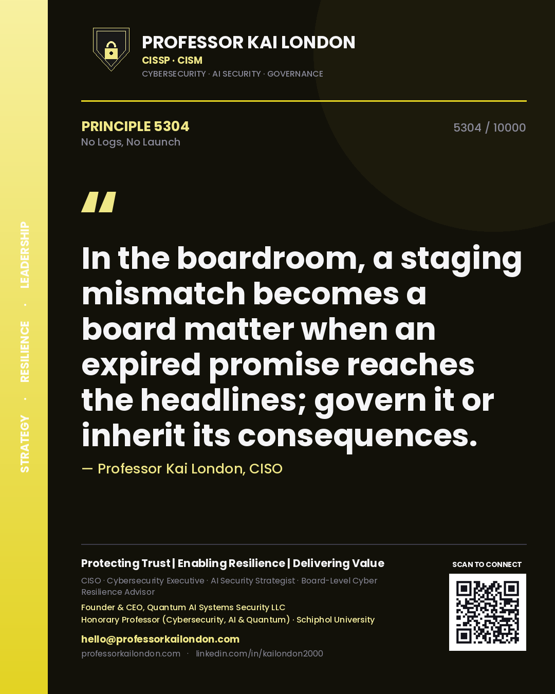 Professor Kai London principle 5304: In the boardroom, a staging mismatch becomes a board matter when an expired promise reaches the headlines; govern it or inherit its consequences.