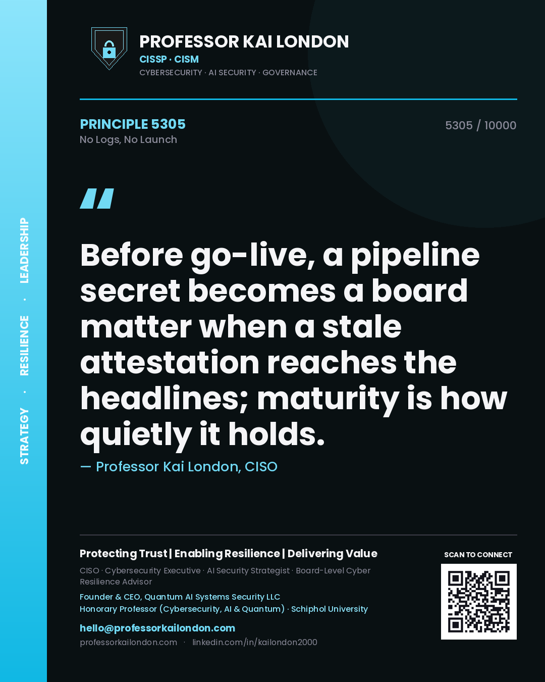 Professor Kai London principle 5305: Before go-live, a pipeline secret becomes a board matter when a stale attestation reaches the headlines; maturity is how quietly it holds.