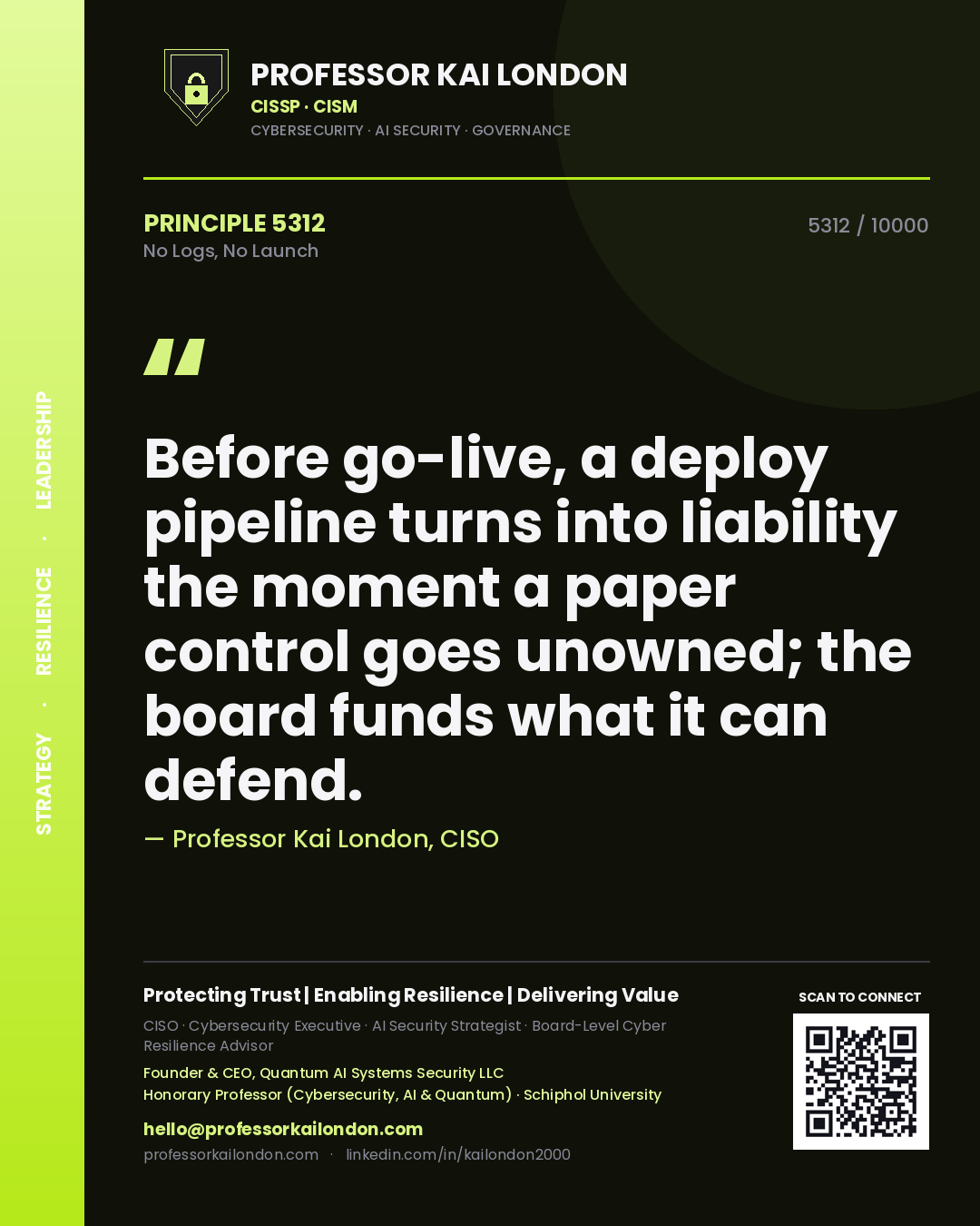 Professor Kai London principle 5312: Before go-live, a deploy pipeline turns into liability the moment a paper control goes unowned; the board funds what it can defend.