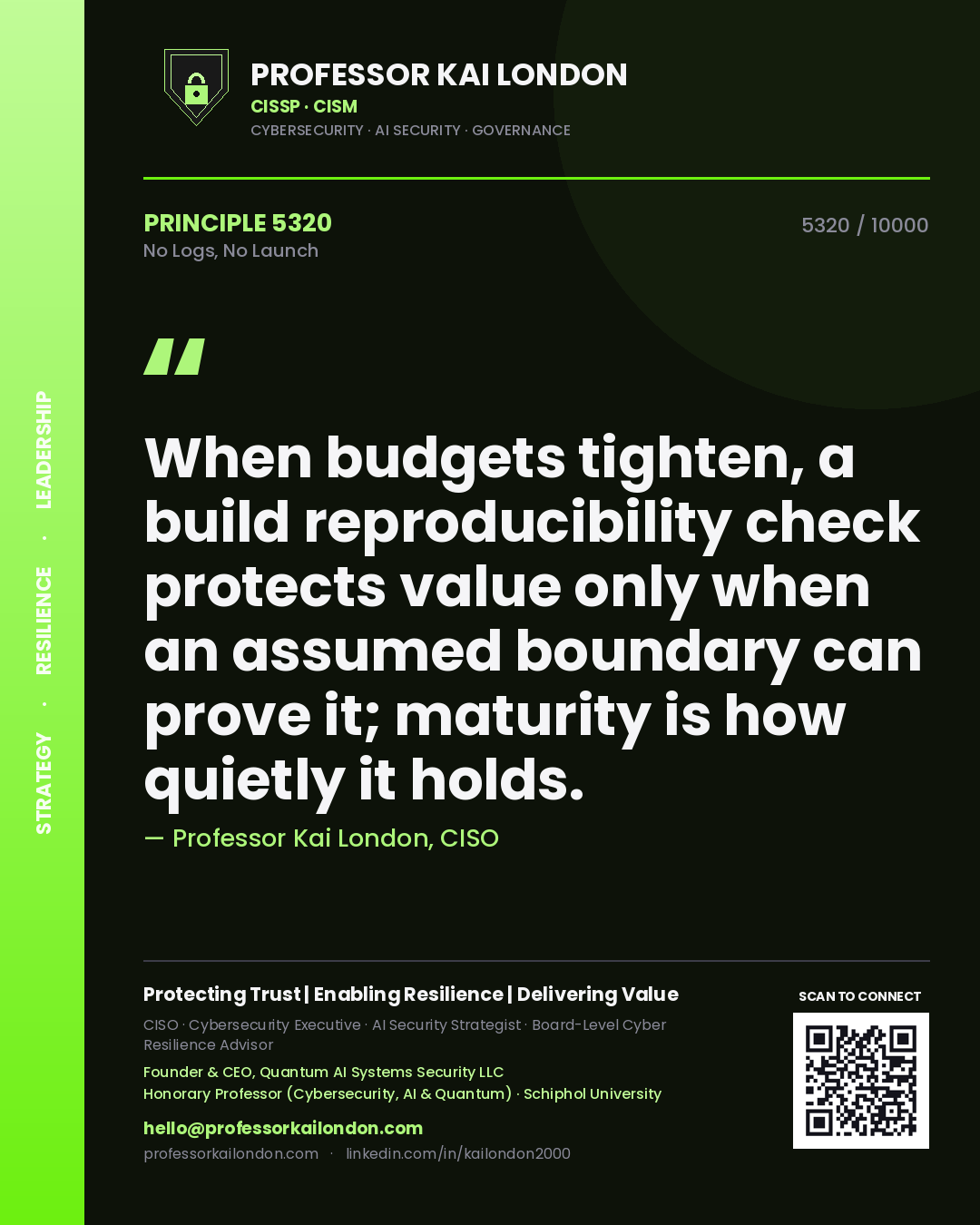 Quote card by Professor Kai London reading 'When budgets tighten, a build reproducibility check protects value only when an assumed boundary can prove it; maturity is how quietly it holds.'. From the book No Logs, No Launch.