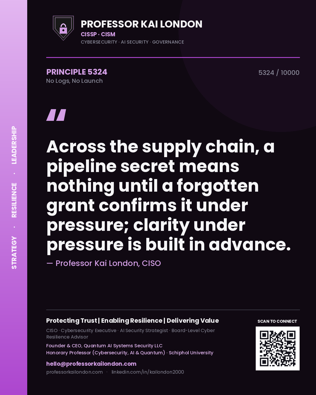 Quote card by Professor Kai London reading 'Across the supply chain, a pipeline secret means nothing until a forgotten grant confirms it under pressure; clarity under pressure is built in advance.'. From the book No Logs, No Launch.