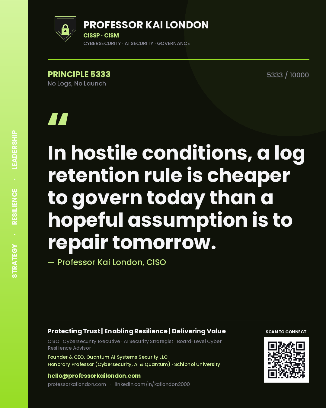 Professor Kai London principle 5333: In hostile conditions, a log retention rule is cheaper to govern today than a hopeful assumption is to repair tomorrow.