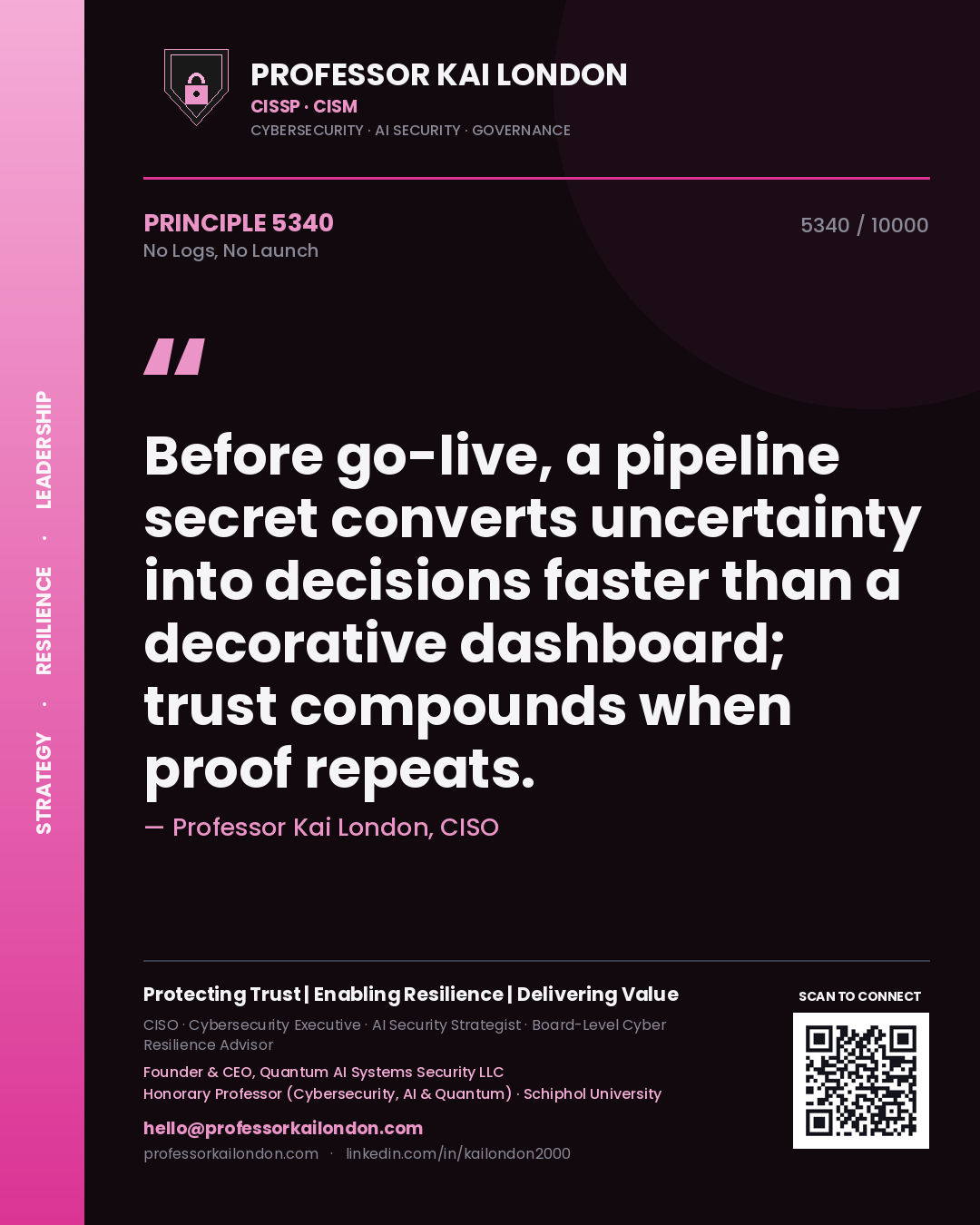 Quote card by Professor Kai London reading 'Before go-live, a pipeline secret converts uncertainty into decisions faster than a decorative dashboard; trust compounds when proof repeats.'. From the book No Logs, No Launch.