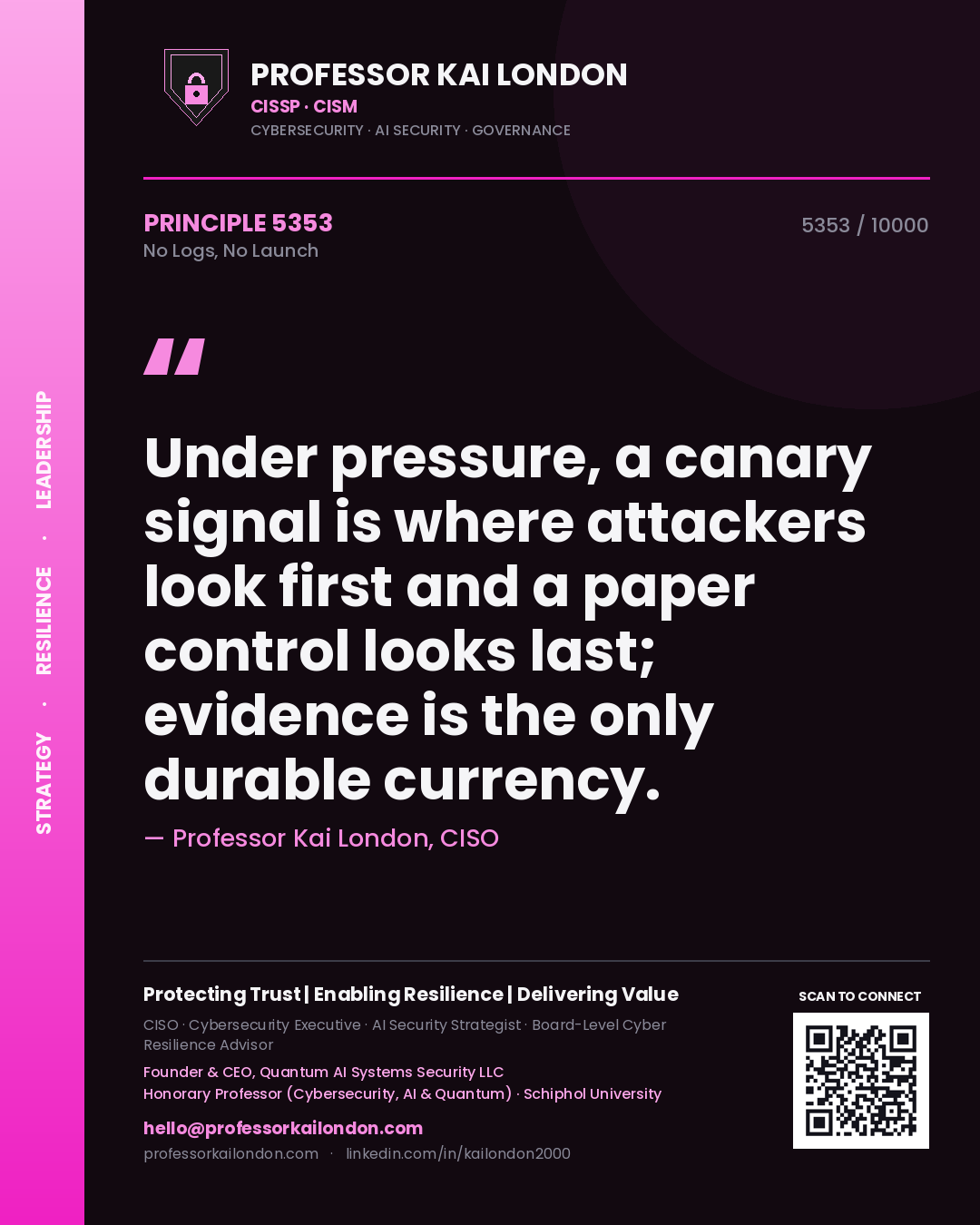 Professor Kai London principle 5353: Under pressure, a canary signal is where attackers look first and a paper control looks last; evidence is the only durable currency.