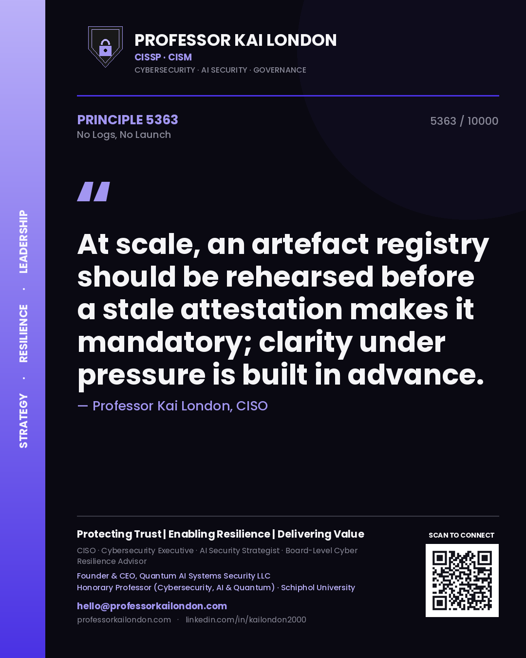 Quote card by Professor Kai London reading 'At scale, an artefact registry should be rehearsed before a stale attestation makes it mandatory; clarity under pressure is built in advance.'. From the book No Logs, No Launch.