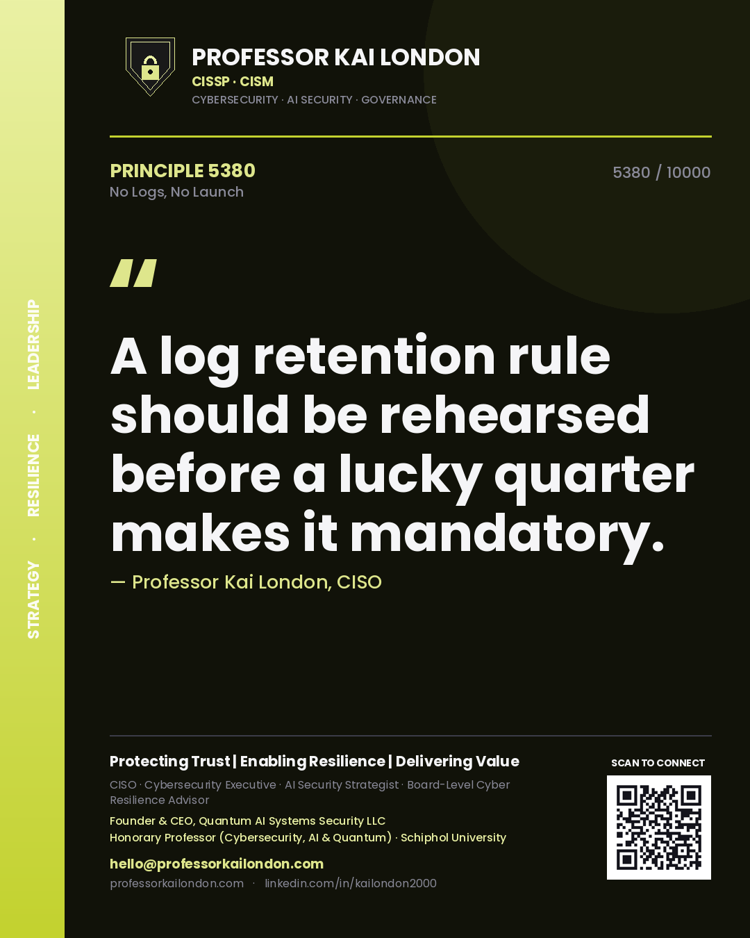 Professor Kai London principle 5380: A log retention rule should be rehearsed before a lucky quarter makes it mandatory.