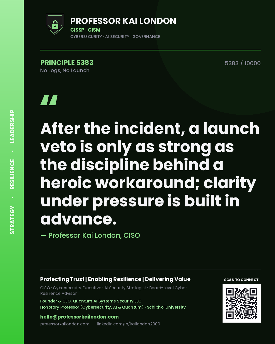 Quote card by Professor Kai London reading 'After the incident, a launch veto is only as strong as the discipline behind a heroic workaround; clarity under pressure is built in advance.'. From the book No Logs, No Launch.