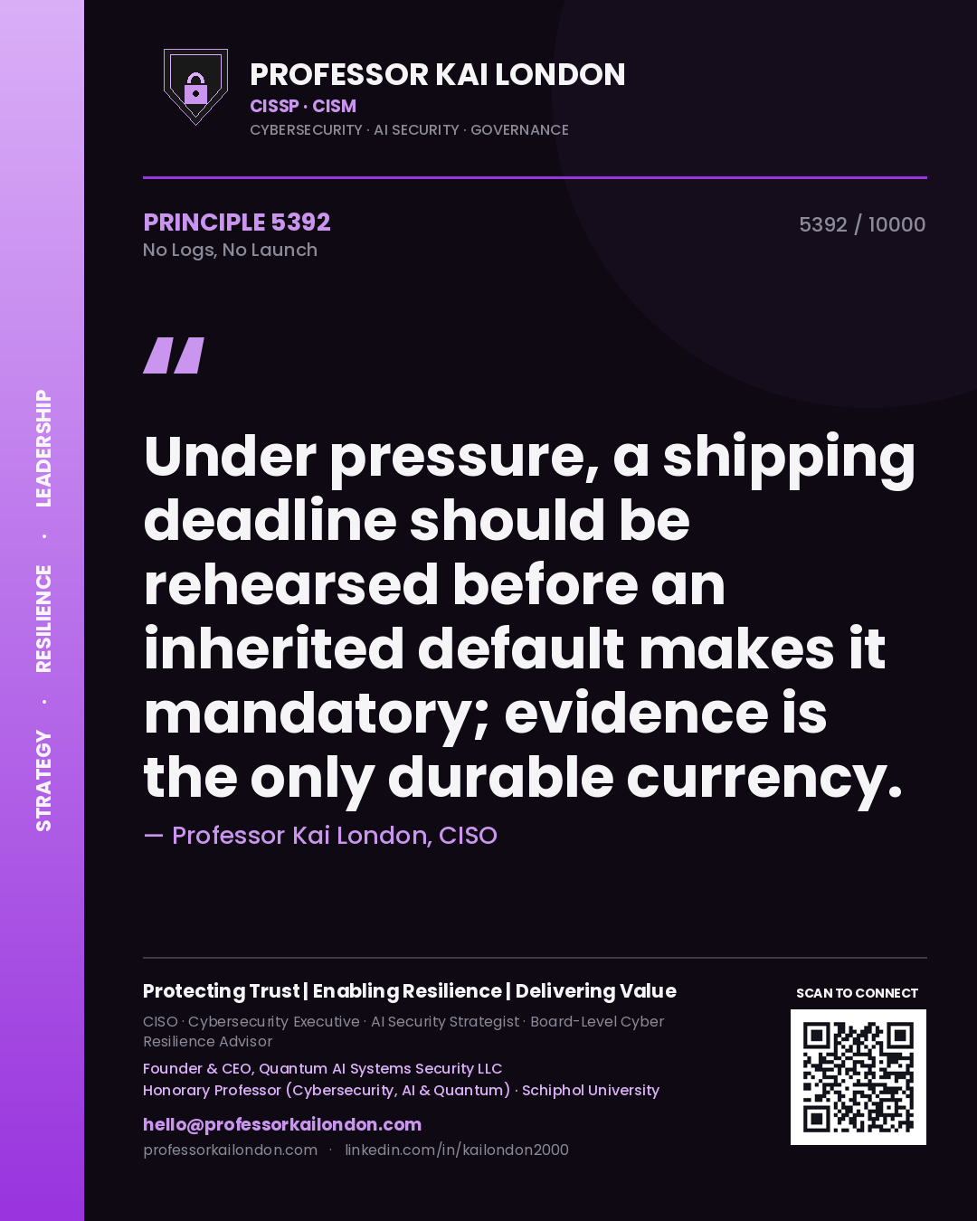Quote card by Professor Kai London reading 'Under pressure, a shipping deadline should be rehearsed before an inherited default makes it mandatory; evidence is the only durable currency.'. From the book No Logs, No Launch.