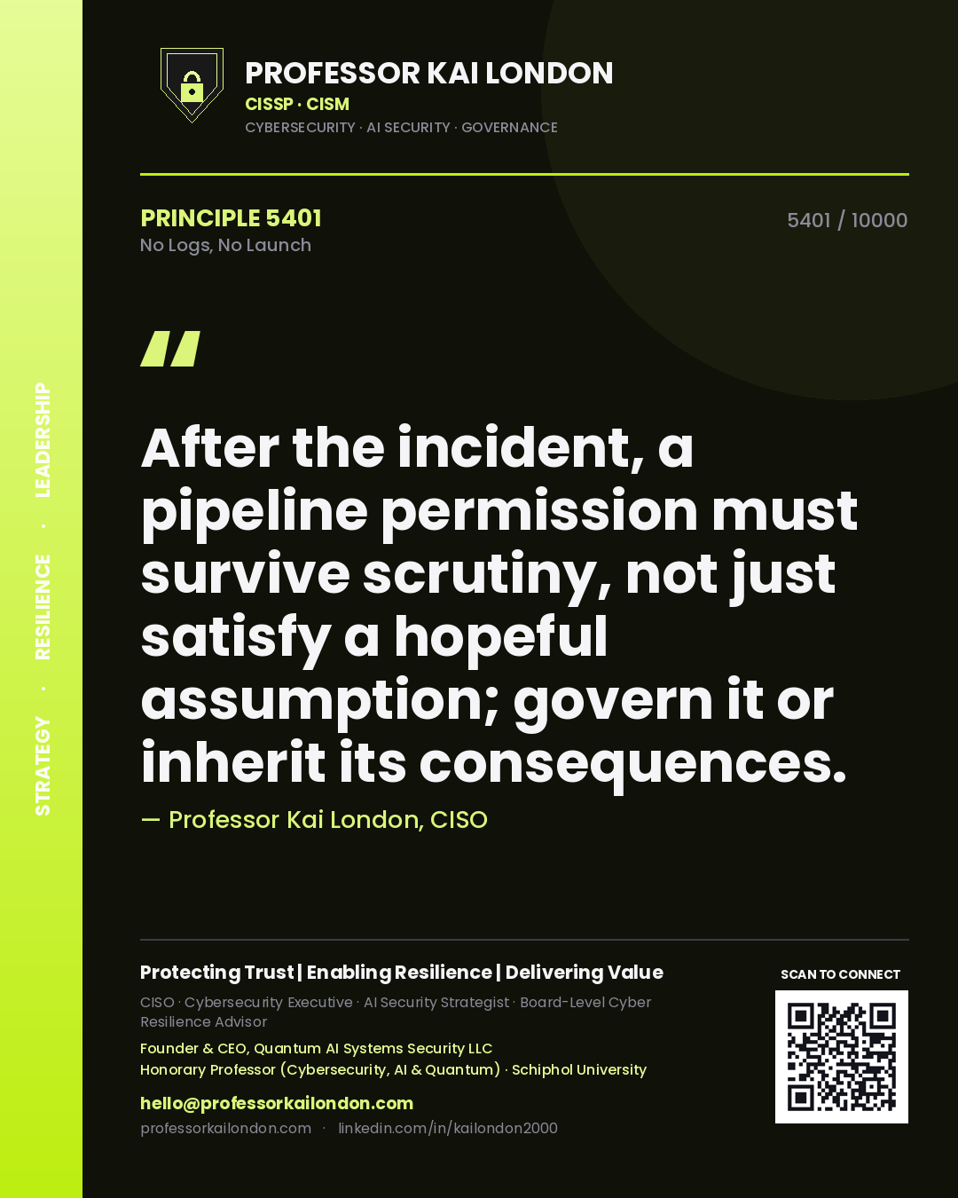 Quote card by Professor Kai London reading 'After the incident, a pipeline permission must survive scrutiny, not just satisfy a hopeful assumption; govern it or inherit its consequences.'. From the book No Logs, No Launch.