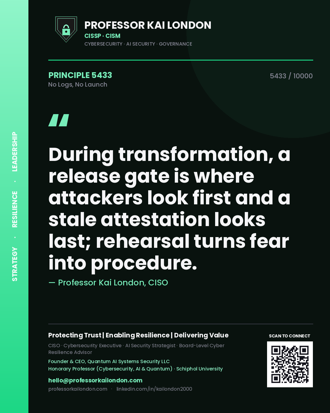 Quote card by Professor Kai London reading 'During transformation, a release gate is where attackers look first and a stale attestation looks last; rehearsal turns fear into procedure.'. From the book No Logs, No Launch.