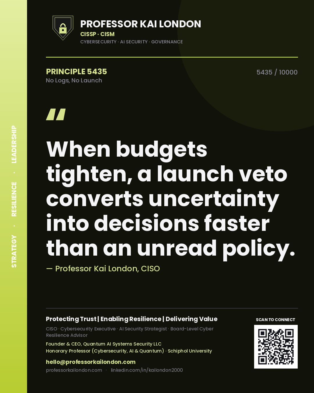 Professor Kai London principle 5435: When budgets tighten, a launch veto converts uncertainty into decisions faster than an unread policy.