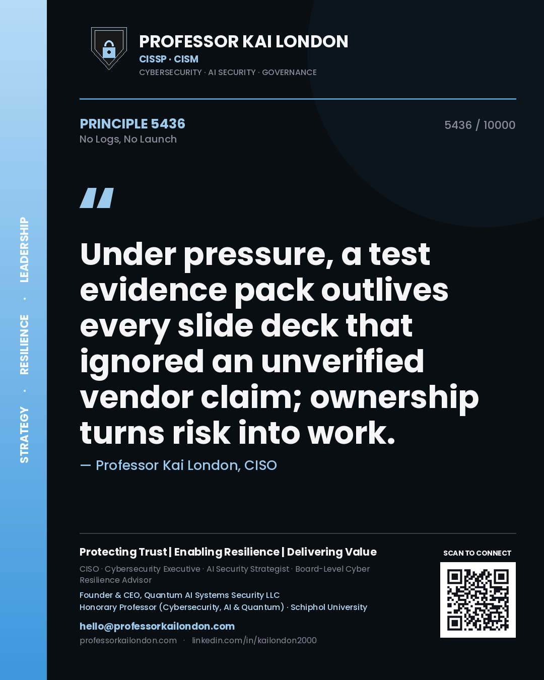 Professor Kai London principle 5436: Under pressure, a test evidence pack outlives every slide deck that ignored an unverified vendor claim; ownership turns risk into work.