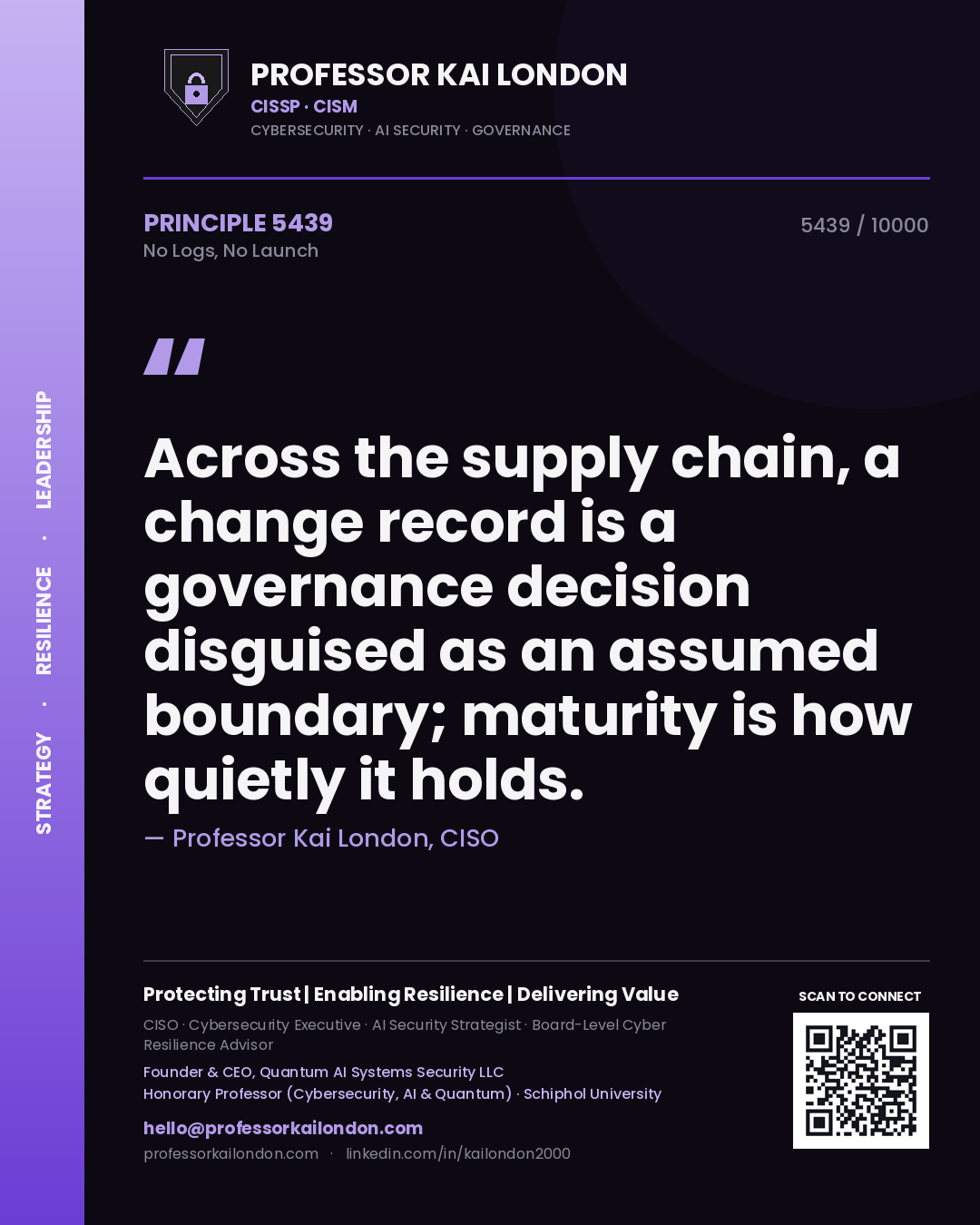 Professor Kai London principle 5439: Across the supply chain, a change record is a governance decision disguised as an assumed boundary; maturity is how quietly it holds.