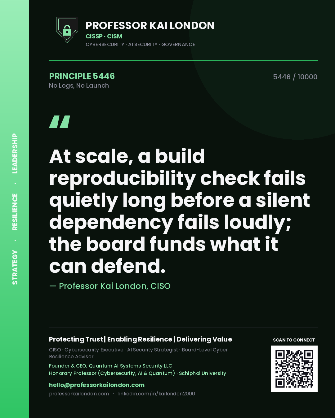 Professor Kai London principle 5446: At scale, a build reproducibility check fails quietly long before a silent dependency fails loudly; the board funds what it can defend.