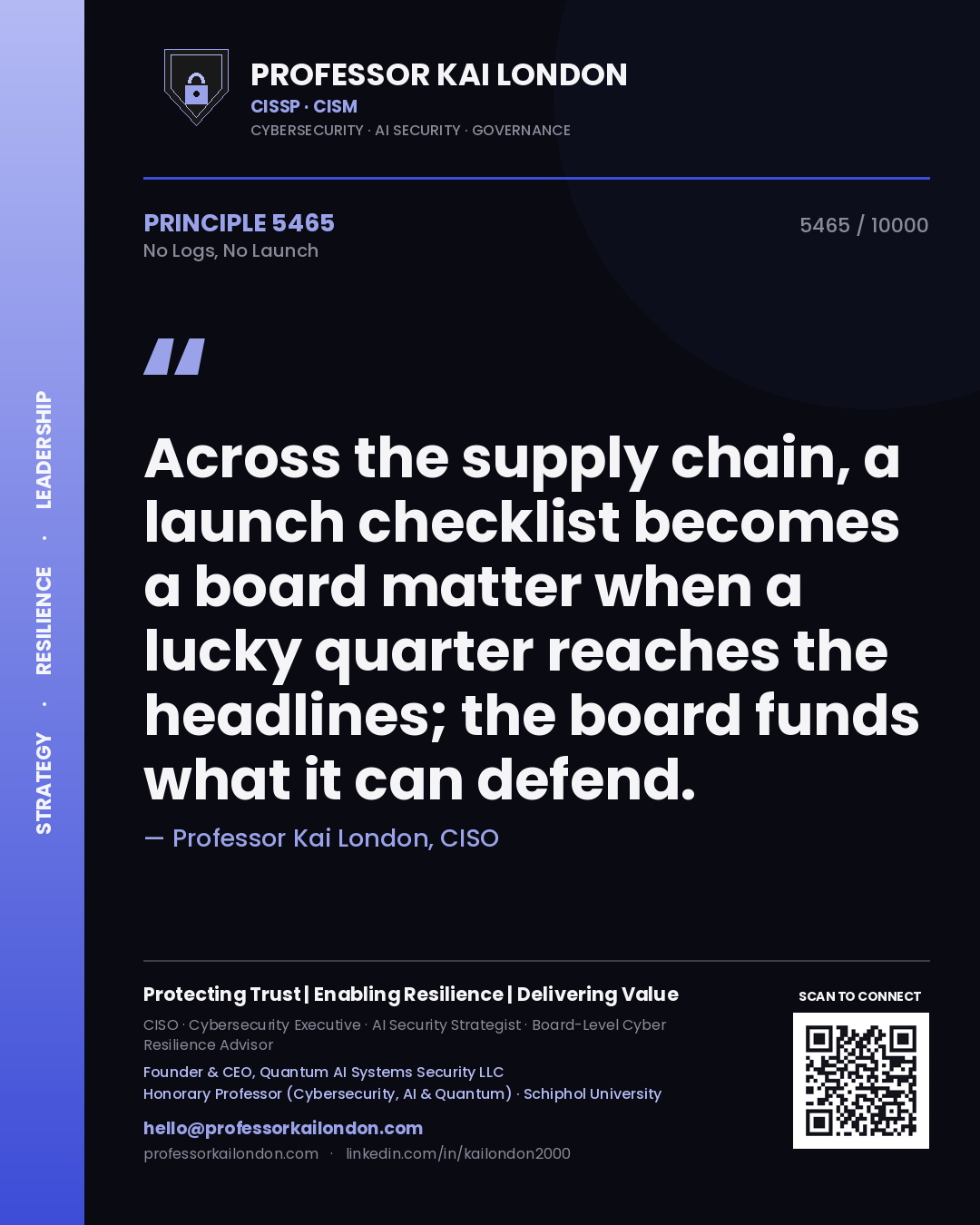 Quote card by Professor Kai London reading 'Across the supply chain, a launch checklist becomes a board matter when a lucky quarter reaches the headlines; the board funds what it can defend.'. From the book No Logs, No Launch.