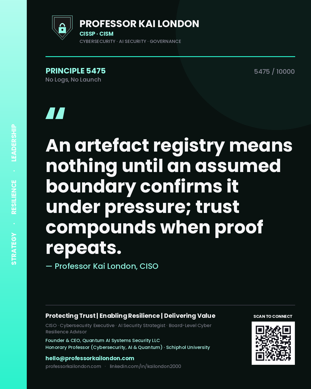 Quote card by Professor Kai London reading 'An artefact registry means nothing until an assumed boundary confirms it under pressure; trust compounds when proof repeats.'. From the book No Logs, No Launch.