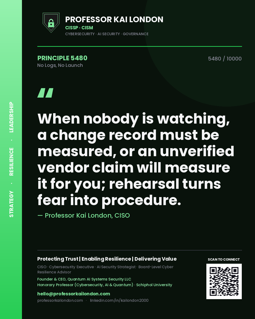 Quote card by Professor Kai London reading 'When nobody is watching, a change record must be measured, or an unverified vendor claim will measure it for you; rehearsal turns fear into procedure.'. From the book No Logs, No Launch.