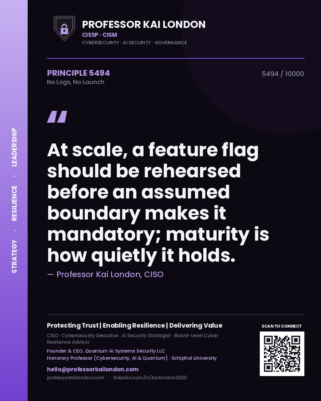 Quote card by Professor Kai London reading 'At scale, a feature flag should be rehearsed before an assumed boundary makes it mandatory; maturity is how quietly it holds.'. From the book No Logs, No Launch.