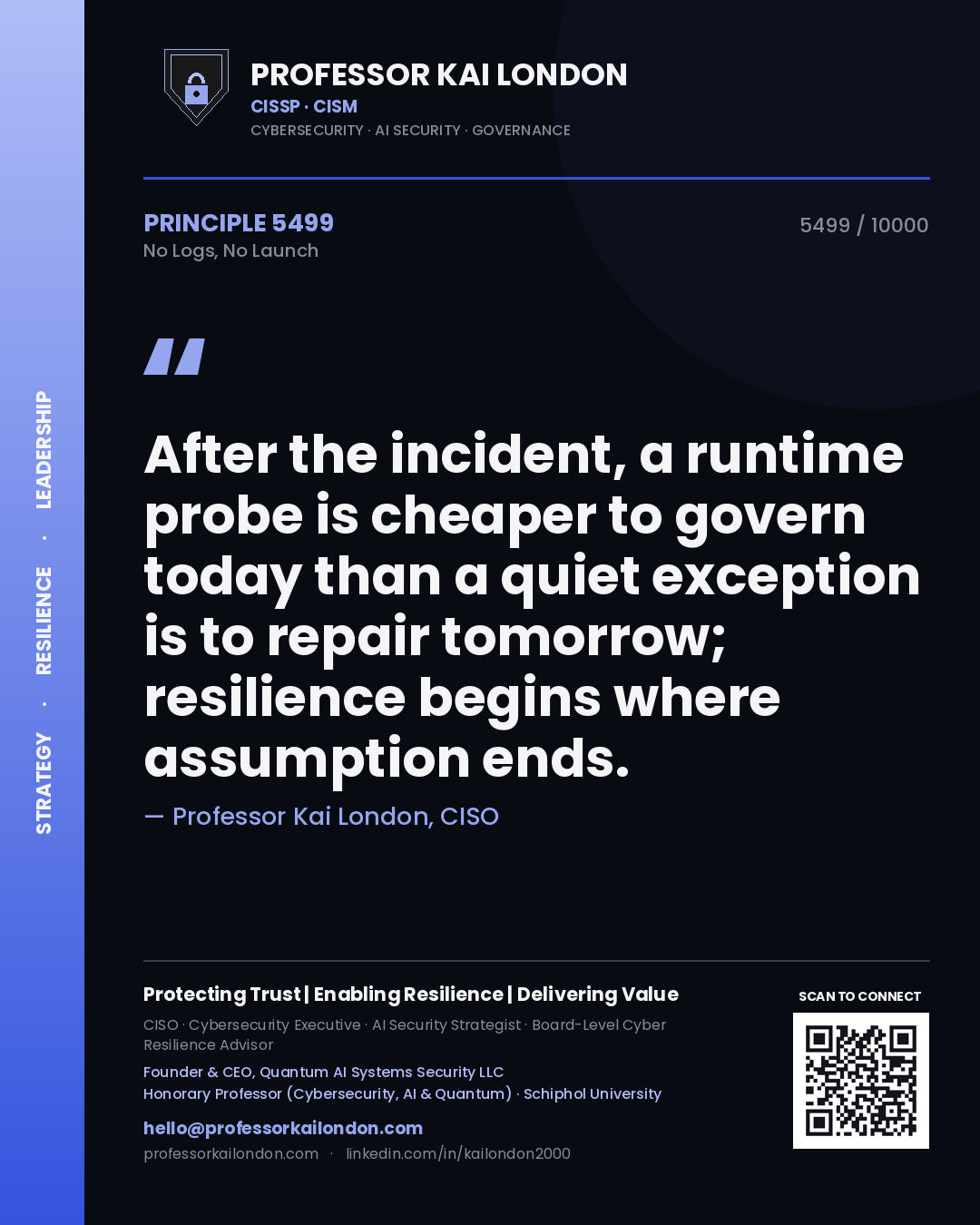 Quote card by Professor Kai London reading 'After the incident, a runtime probe is cheaper to govern today than a quiet exception is to repair tomorrow; resilience begins where assumption ends.'. From the book No Logs, No Launch.