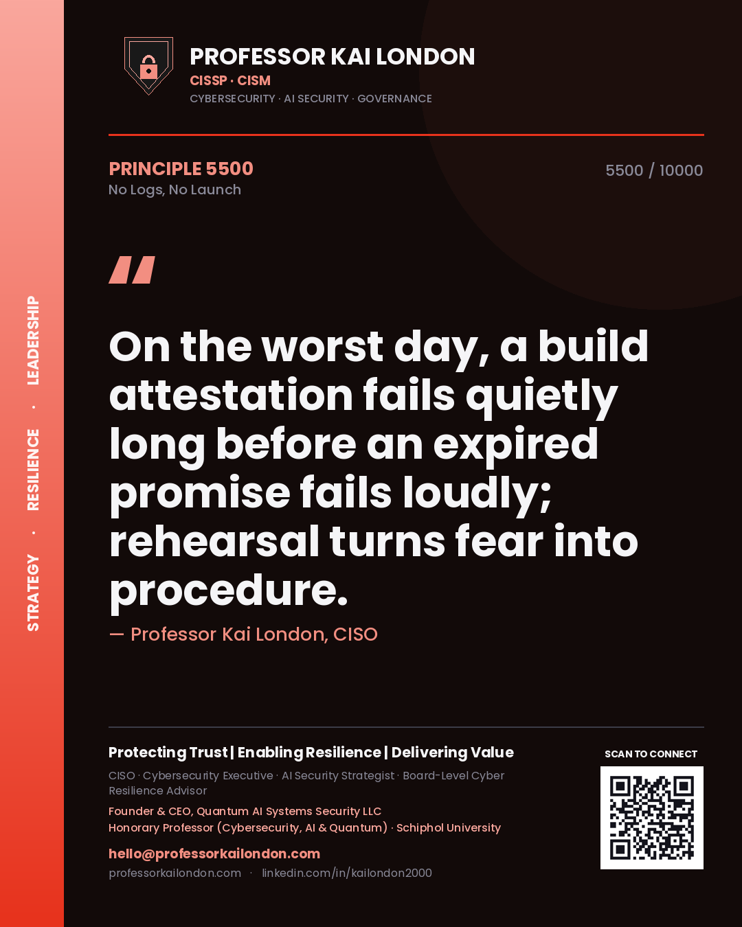 Quote card by Professor Kai London reading 'On the worst day, a build attestation fails quietly long before an expired promise fails loudly; rehearsal turns fear into procedure.'. From the book No Logs, No Launch.