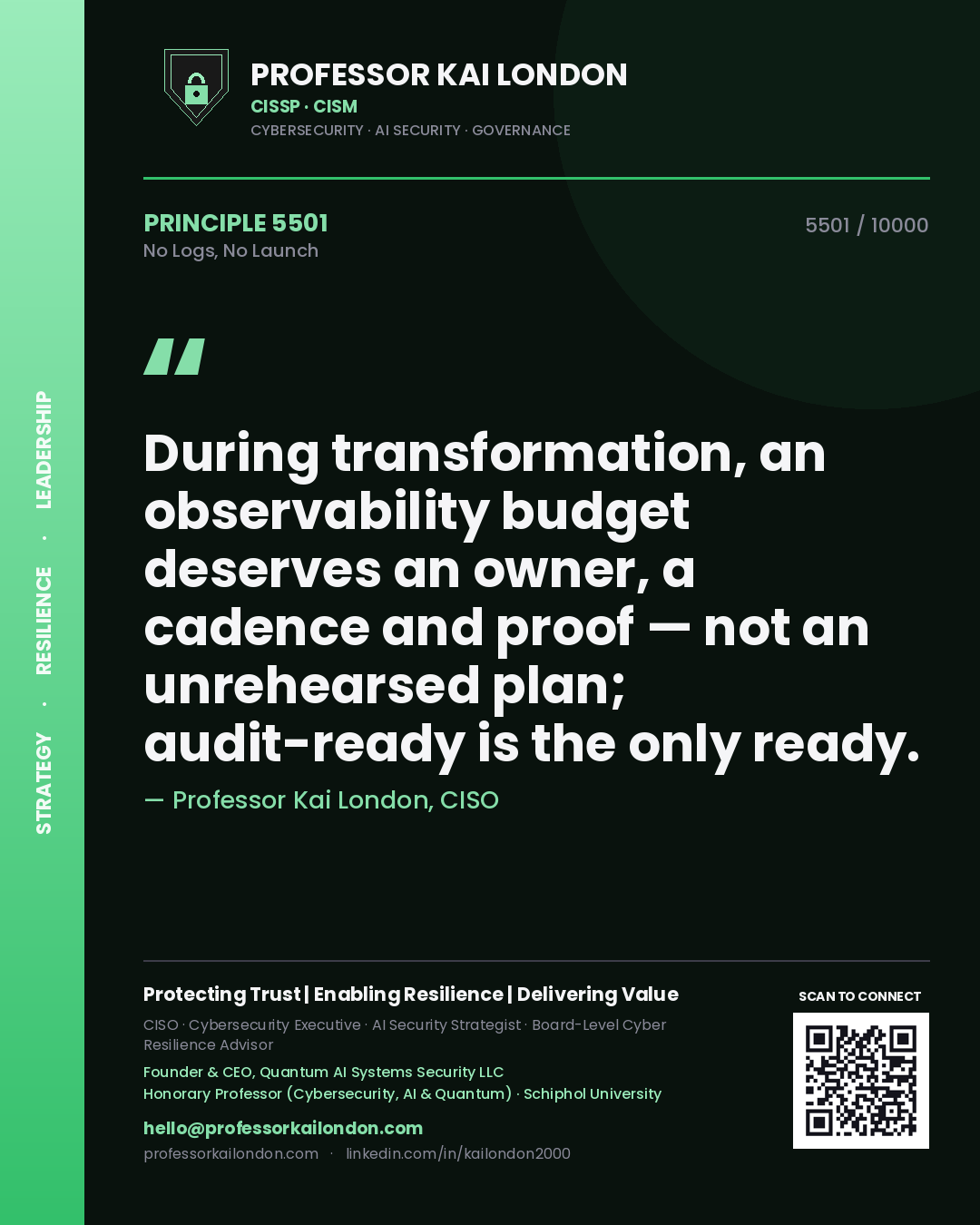 Quote card by Professor Kai London reading 'During transformation, an observability budget deserves an owner, a cadence and proof — not an unrehearsed plan; audit-ready is the only ready.'. From the book No Logs, No Launch.
