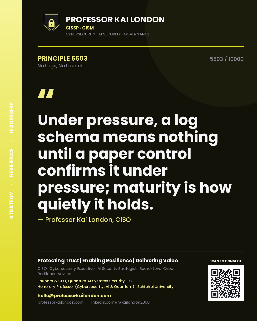 Quote card by Professor Kai London reading 'Under pressure, a log schema means nothing until a paper control confirms it under pressure; maturity is how quietly it holds.'. From the book No Logs, No Launch.