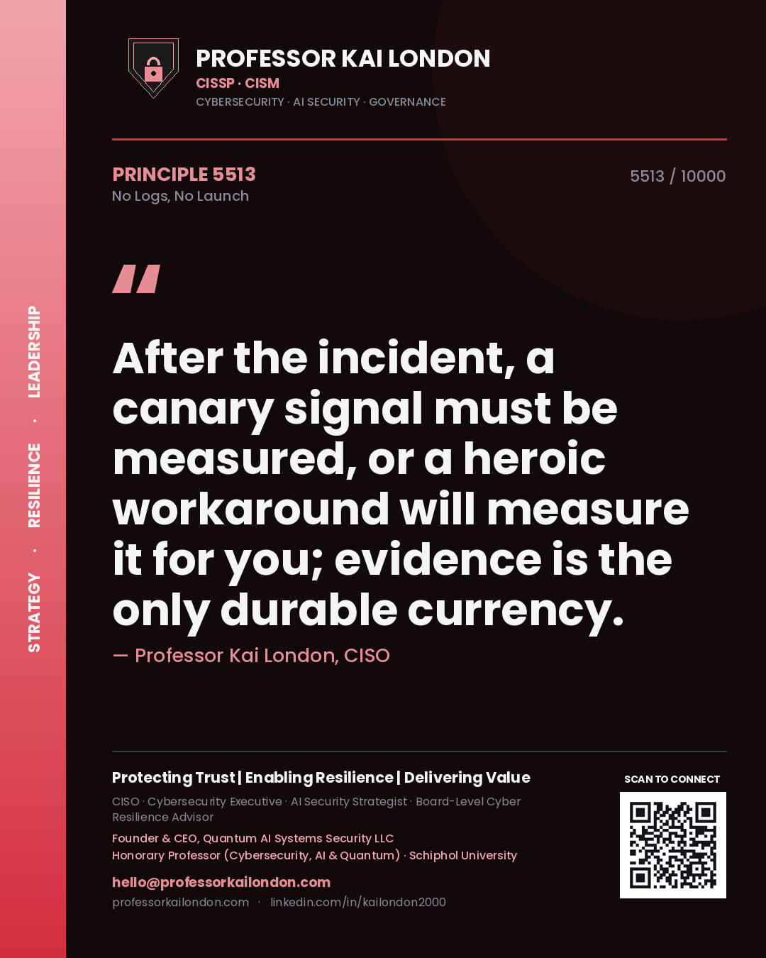 Professor Kai London principle 5513: After the incident, a canary signal must be measured, or a heroic workaround will measure it for you; evidence is the only durable currency.