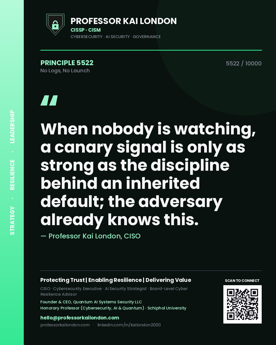 Professor Kai London principle 5522: When nobody is watching, a canary signal is only as strong as the discipline behind an inherited default; the adversary already knows this.
